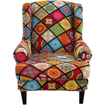 Stretch Wingback Fåtöljöverdrag med T-formad Kuddfodral, Tryckt Halkfri Fåtölj