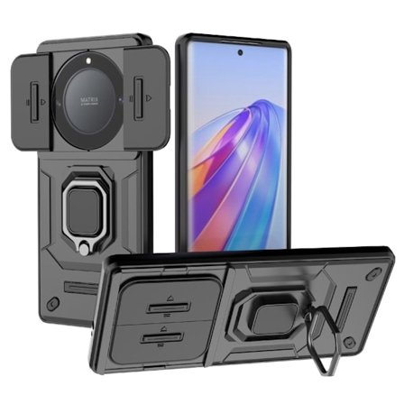 Honor X40 5G / X9a 5G / Magic5 Lite 5G Asia Puhelin Kickstand Cover Slide Lens Guard - Musta