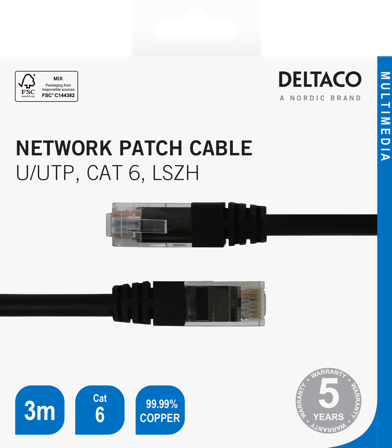 Deltaco Cat6 Network cable, 3m, black