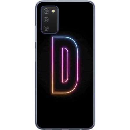 Kompatibel Mobilcover til Samsung Samsung Galaxy A03s Minimalistisk neonbogstav D i farveskiftende lys mod sort baggrund i moderne digital design