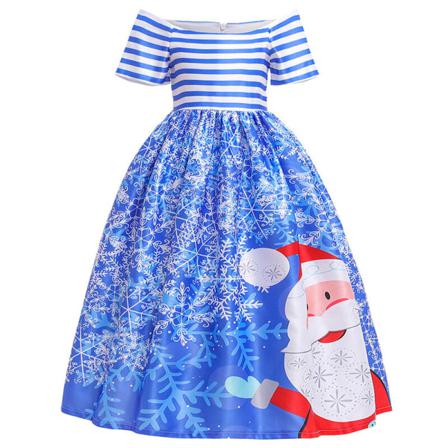 Toddler Santa Print Crew Neck Party Dress Kortärmade Klänningar