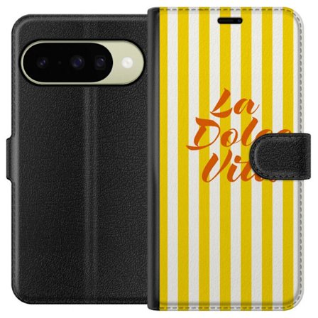 Kompatibelt Plånboksfodral till Google Google Pixel 10 La Dolce Vita poster gula-vita ränder italiensk text retro design citat mönster italienskt s