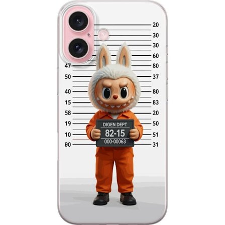 Yhteensopiva Puhelinkuori Apple Apple iPhone 16 Söpö piirretty pupuhahmo vankilavaatteissa ja vankinumerolla taustana mittamerkinnät