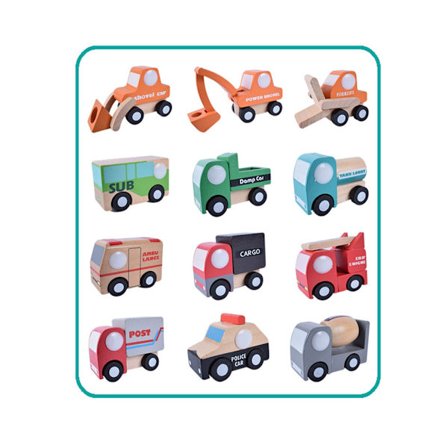 12 stk Trebil- og lastebilmodellsett Utdanningsleketøy