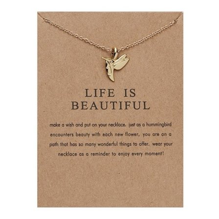 Life is beautiful -necklace with bird 18K gold plated gift hummingbird
