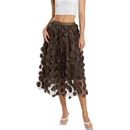 Tullkjol Kvinna 3D Polka Dot Elastisk Midja Mesh Midi Kjolar