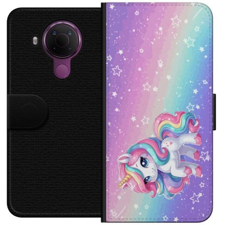 Yhteensopiva Lompakkokotelo Nokia 5.4 Stitch polaroid-kehyksissä sinisillä pastellisävyillä ja suloisilla ilmeillä kollaaseissa sydämillä