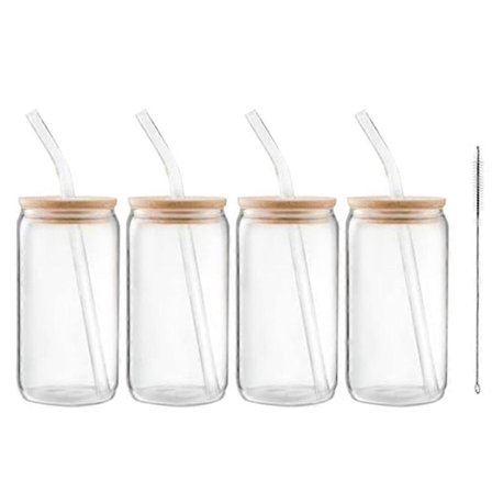 Glaskopper 16Oz, Glaskopper med Låg og Strå 4Stk Kaffe Kopper, Drikk Glas