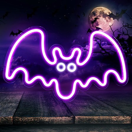 Halloween Neonskylt - Lila Bat LED Neonskylt med dimmer 15,7x9,4 tum, USB driven Halloween Vampyr Neonljus för väggdekoration