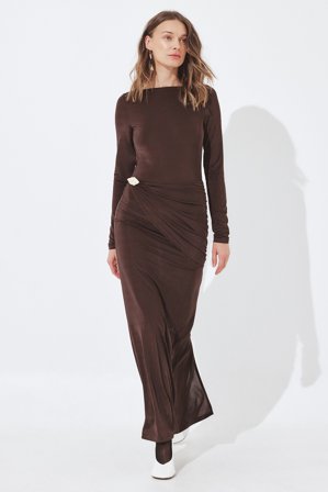 NA-KD Robe longue à dos ouvert et boucle - Robes maxi à manches longues - Marron - M