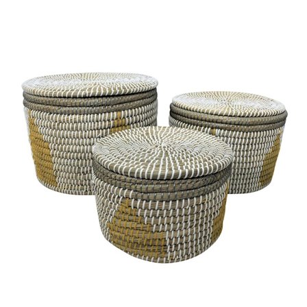 Kurvesæt med låg, 3 dele, Kansgrass, flerfarvet, 35x35x25 cm