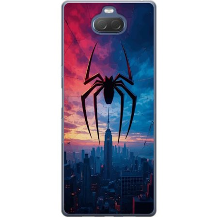 Yhteensopiva Puhelinkuori Sony Sony Xperia 10 Plus Tyylikäs hämähäkki kaupungin horisontin yläpuolella dramaattisessa auringonlaskussa, graafinen