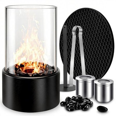 Bordskamin, Stämningskamin, Portabel Bioetanol Bordskamin med Cylindrisk ss, Rökfri Bränsleskål med ss Lock, Svart