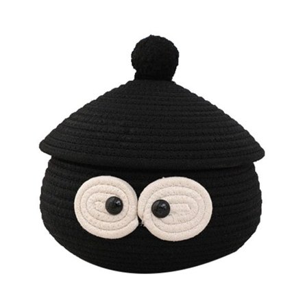 Skrivebordsopbevaringskurv med låg Bomuldsreb Organizer Bin Sort sfærisk vævet kurv til hjemmet