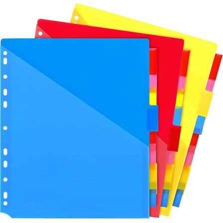Plast 8-fanede skilleark med to lommer, pakke med 3 sett, flerfargede skilleark med lommer kompatible med permer, 24 stk fane skilleark i assorterte 