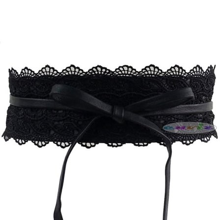 (Sort) Bredt blondekorsetbælte med bindebånd til kvinder - Sort