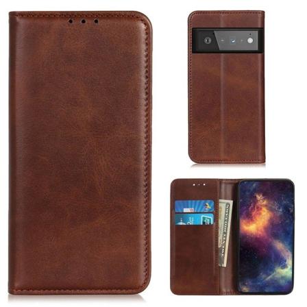 Google Pixel 6 Pro flip etui i ægte læder med pung – Brun Brown