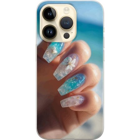 Kompatibel Mobilcover til Apple iPhone 14 Pro Blå negle med glitter og blomst – Hav-inspireret negledesign