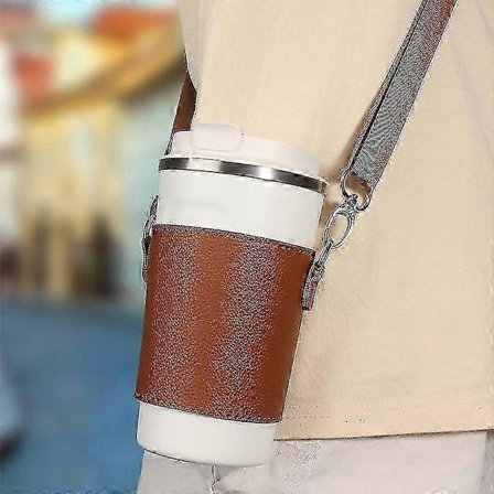 Bærbar kopholder i PU-læder, kaffekopholder i PU-læder med skulderstropper, genanvendelig kaffeærme i læder - Excellence