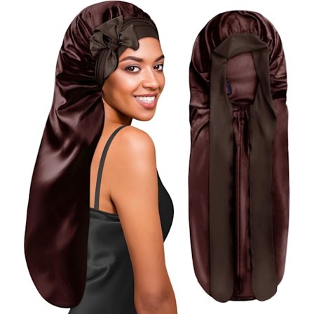 Ekstra lang satenghårhette for soving, egnet for lange krøllete fletter, sjokoladefarge