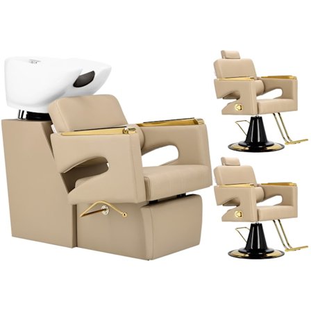 Frisörsalong set med schamponeringsstol och 2 hydrauliska roterande frisörstolar med fotstöd rörlig tvättskål armatur blandare duschhandtag