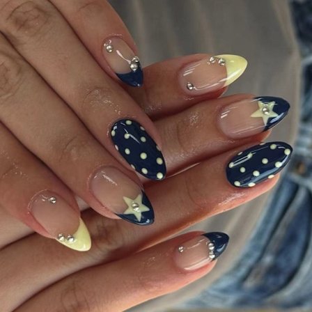 Tryck på Naglar Blå Gul Stjärnklar Fransk Manikyr Flexibla ABS Konstgjorda Naglar