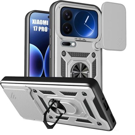 Cover til Xiaomi 17 Pro, Beskyttelse med Ring og Skydelåg til Kamera - Sølv