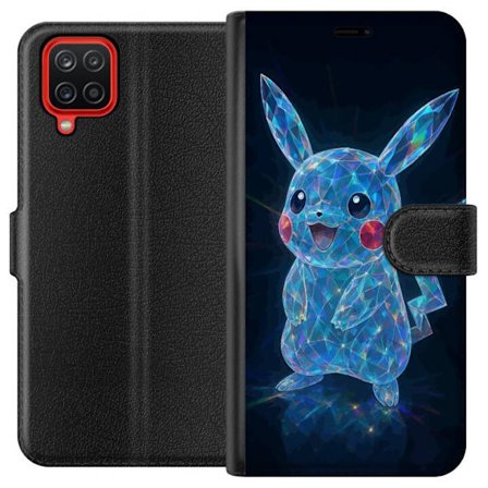 Samsung Galaxy A12 Tegnebogsetui Gnistrerende krystalfigur i blåt med holografiske refleksioner, sød karakter som skinner mod en mørk baggrund, per