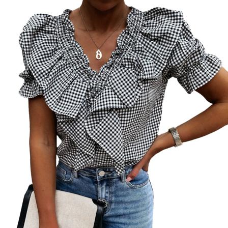 Dam T-shirt Rutig Rufsig Summer Puff Sleeve V-ringad Kort Topp