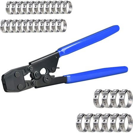 PEX-klemmeværktøj, krympeværktøj, crimpværktøj til rustfri stålklemmer fra 3/8" til 1" med 1/2" 22 stk. og 3/4" 10 stk. PEX-klemmer (002)