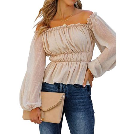 Joyson Long-sleeved Sexy Casual Off-the-shoulder Shirt Beige S