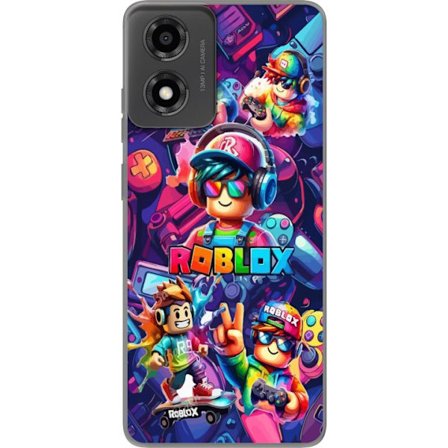 Kompatibel Mobilcover til Motorola Moto E14 Farverig Roblox gaming gruppe med hovedtelefoner, controllere og neonfarver perfekt til børn og gaming ent