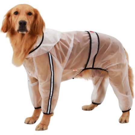 Koiran sadetakki lahkeilla, läpinäkyvä nelijalkainen suuri koiran sadetakki vedenpitävä heijastinnauhoilla ja hupullinen haalari