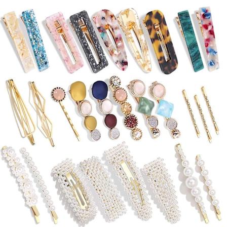 28 stk Hingwah Perler og Akrylharpiks Hårklemmer, Håndlavede Hårspænder, Marmor Alligator Bobby Pins, Glitter Krystal Geometrisk Hårnål, Elegant G