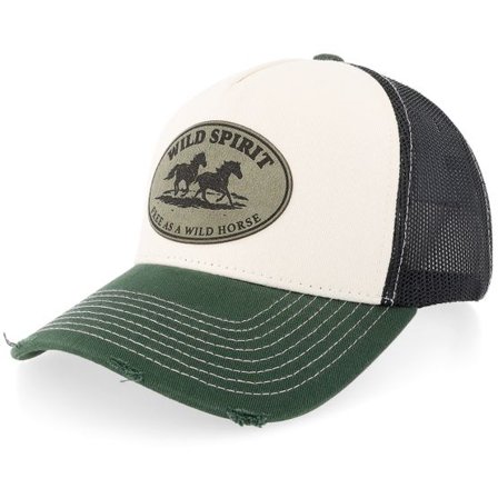 Wild Spirit - Vit trucker Keps - Wild Horses Engraved Green Patch Distressed Off White/Green A-Frame Trucker @ Hatstore