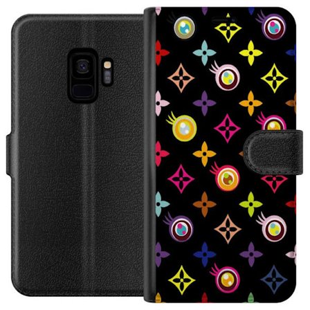 Kompatibelt Lommeboketui til Samsung Galaxy S9 Fargerikt mønster med geometriske symboler og øyne på svart bakgrunn, pop art-inspirert design med ster
