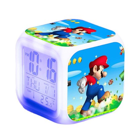Super Mario Bros Tema 7 Farve Skiftende Digital Termometer Vækkeur Med LED Display Cube Natlys Seng Dekoration Legetøj Gaver Til Børn