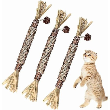 3 stk. Trætyggepinde til Katte, Tyggelegetøj med Katteurt til Tandrensning, Kattesnacks, Rengørende Pibepinde