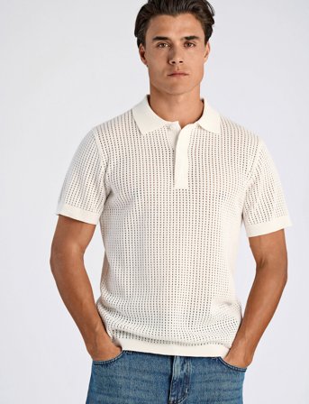 Lindbergh Crochet Knitted S/S V-Neck Polo - Cream - XXL
