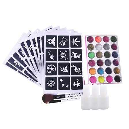 Nytt Glitter Tattoo Kit med 24 Färger Pulver 10 Tattoo Schabloner 3 Lim 2 Borstar