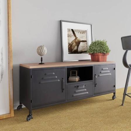 Vidaxl Tv-bänk Svart 110x30x43 Cm Järn Och Massivt Granträ Svart