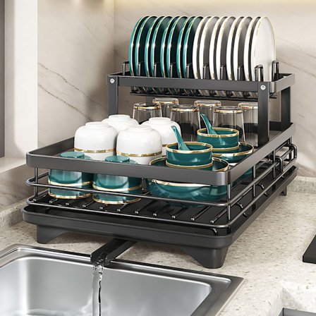 Opvaskestativ i stål med aftagelig bakke og to niveauer - Sort