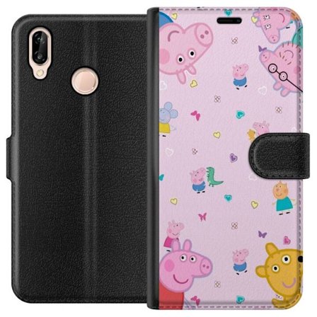 Kompatibel Tegnebogsetui til Huawei P20 lite Peppa Gris med en baby i armene, morgris motiv i farverig og blød børneillustration med hjerter