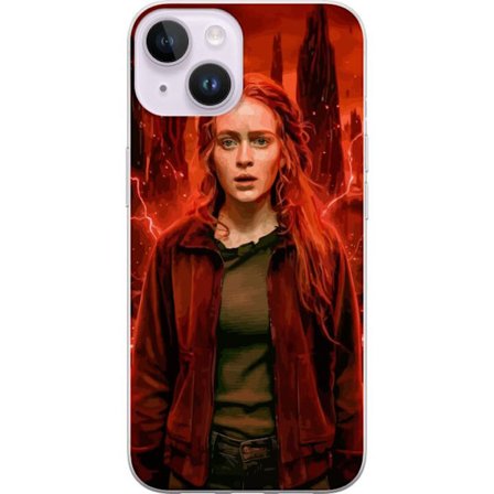 Kompatibelt Mobilskal till Apple Apple iPhone 15 Plus Porträtt av en ung kvinna med rött hår i en apokalyptisk landskap, röda blixtar och mörka k