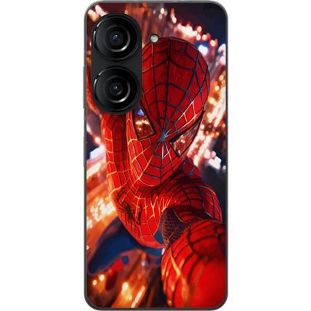 Yhteensopiva Puhelinkuori Asus Asus Zenfone 10 Spider Man intensiivisessä toiminnassa välkkyvien valojen ja dynaamisen perspektiivin kera elokuvamai