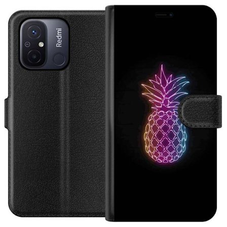 Kompatibelt Plånboksfodral till Xiaomi Xiaomi Redmi 12C Neonillustration av ananas i färgglatt ljus mot svart bakgrund