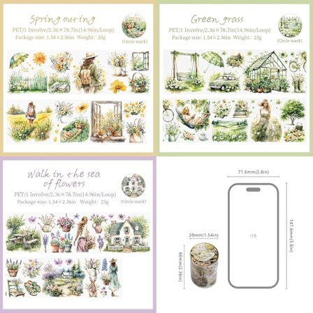 PET-klistremerker 3 ruller, vår og blomster, utklippsboktilbehør, transparente klistremerker for utklippsbøker, dagbøker, utklippsboktilbehør, 