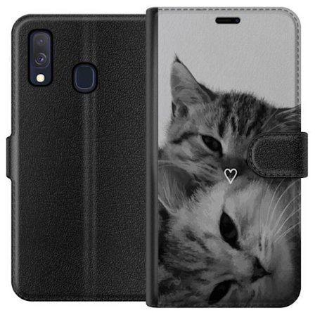 Yhteensopiva Lompakkokotelo Samsung Galaxy A40 Mustavalkoinen kissakuva kahdella kissalla ja sydänmerkillä, romanttinen ja kodikas eläinaihe.