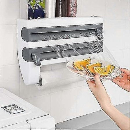 Multifunktionel Opbevaringsskærer, 4-i-1 Vægmonteret Sauceflaskeholder, Multifunktionel Køkkenfilmfolie Dispenser med Krydderihylde