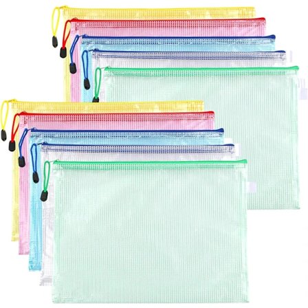 10 st A4 dokumentfickor i 5 färger, dokumentfickor, A4 plastkuvert med dragkedja för dokument, kvitton, skolmaterial, resetillbehör